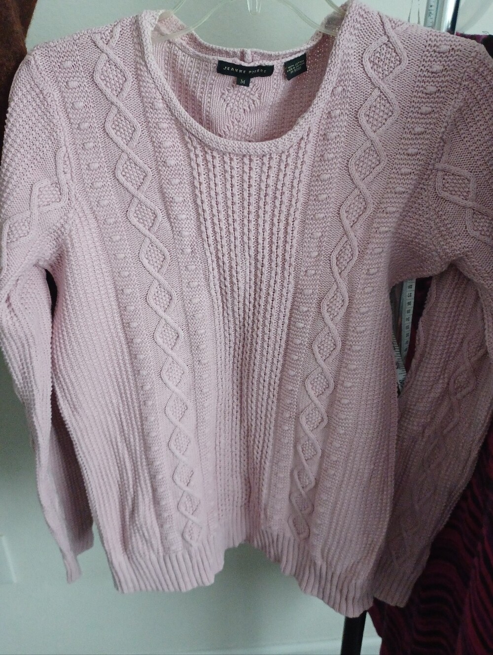 × JEANNE PIERRE Pale Pink Cable Knit Crewneck Sweater